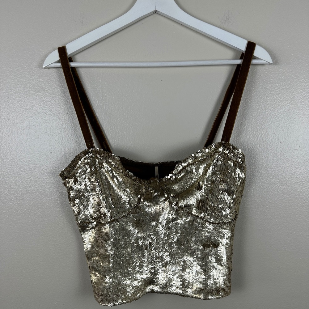 Free People Women's M Cami Gold Sequin Velvet Strap Bustier Crop Top Y2K Party
